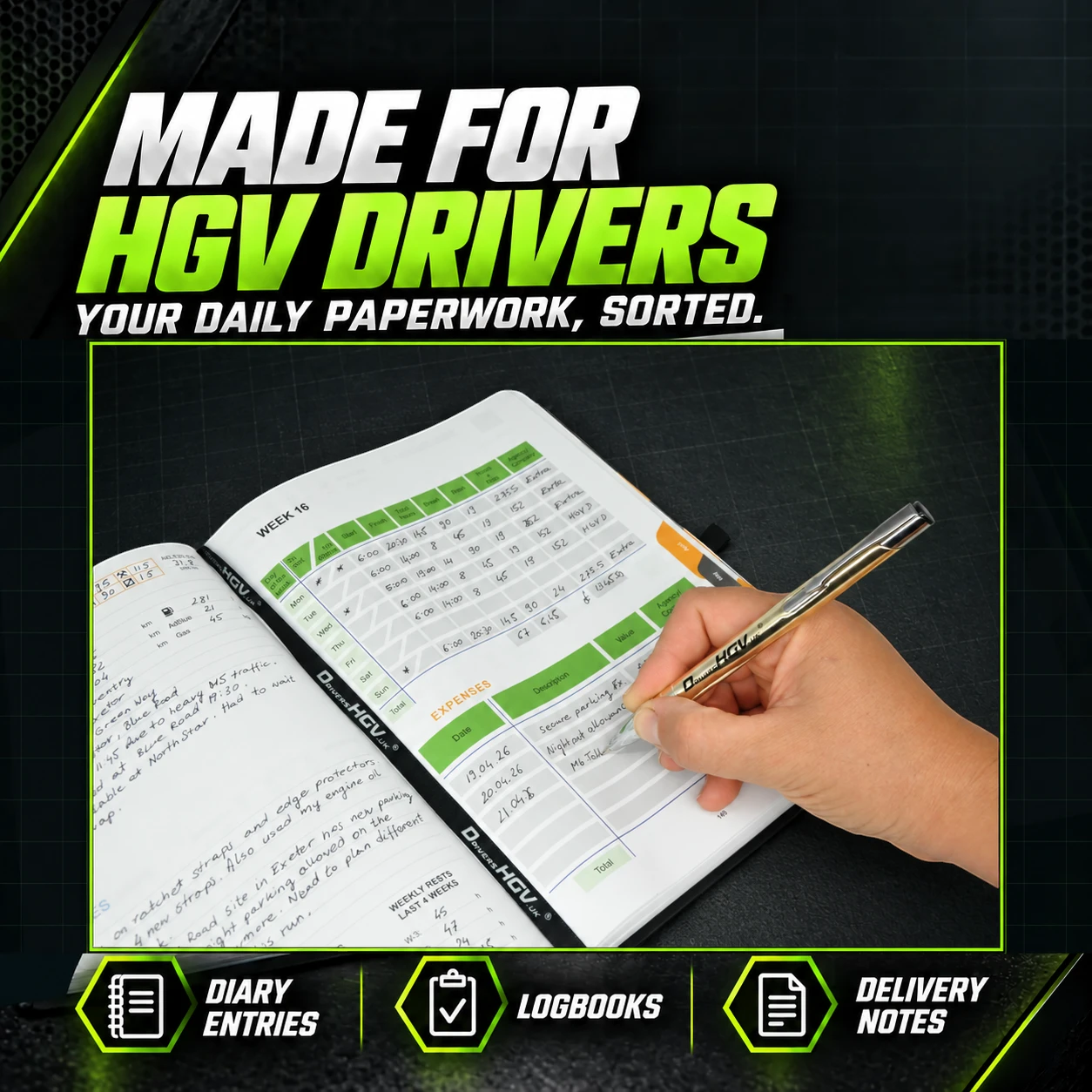 Driver writing in the HGV Drivers Diary 2027 with a champagne-gold DriversHGV.uk gel pen